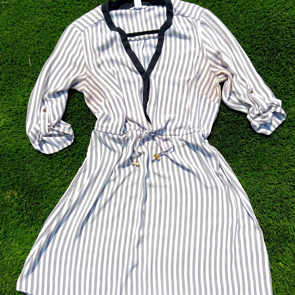 H&M shirt dress, size 14, white with black stripes, drawstring at waist